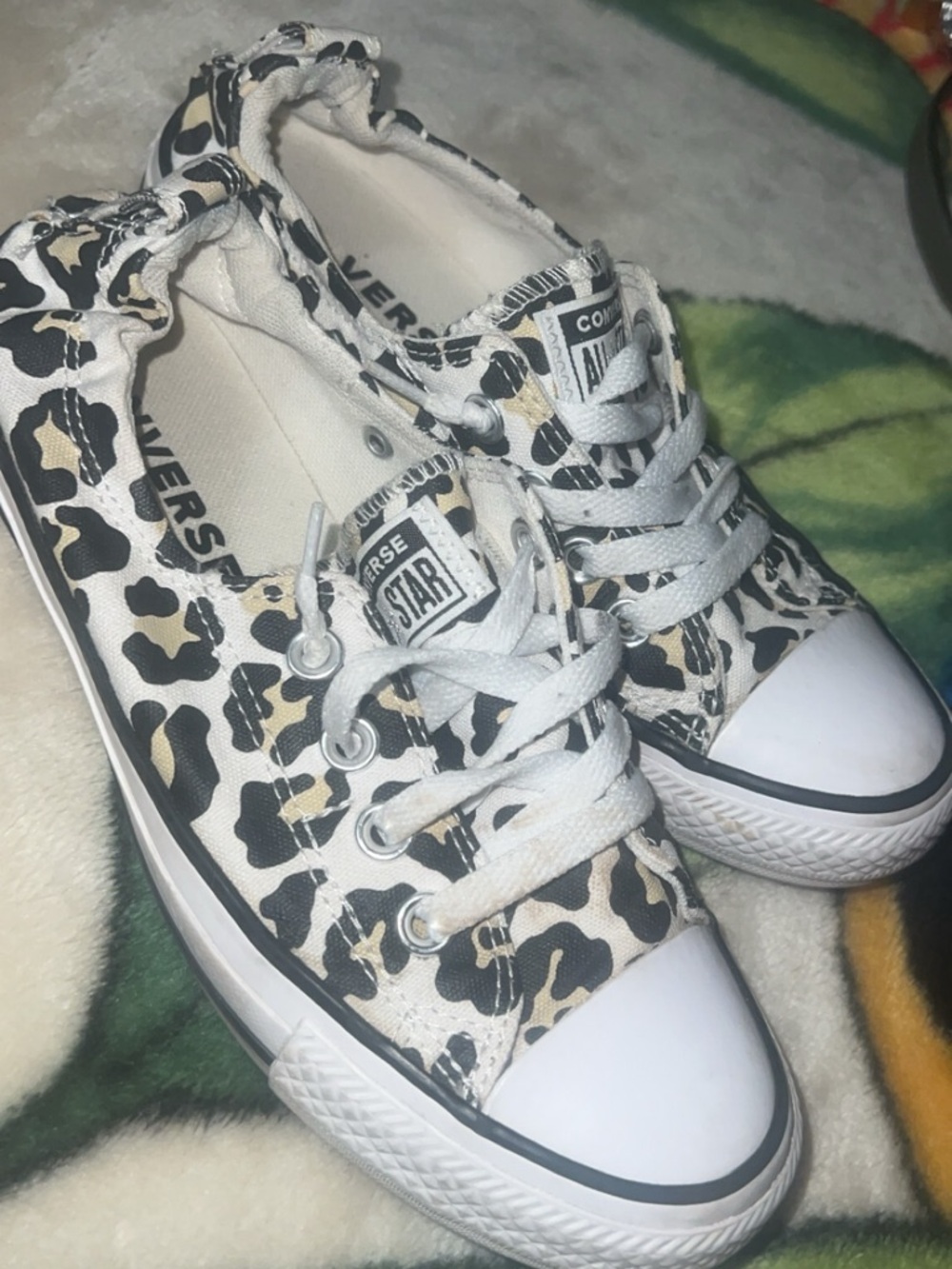 Converse Low Top Sneakers - White with Black & Tan Leopard Accents